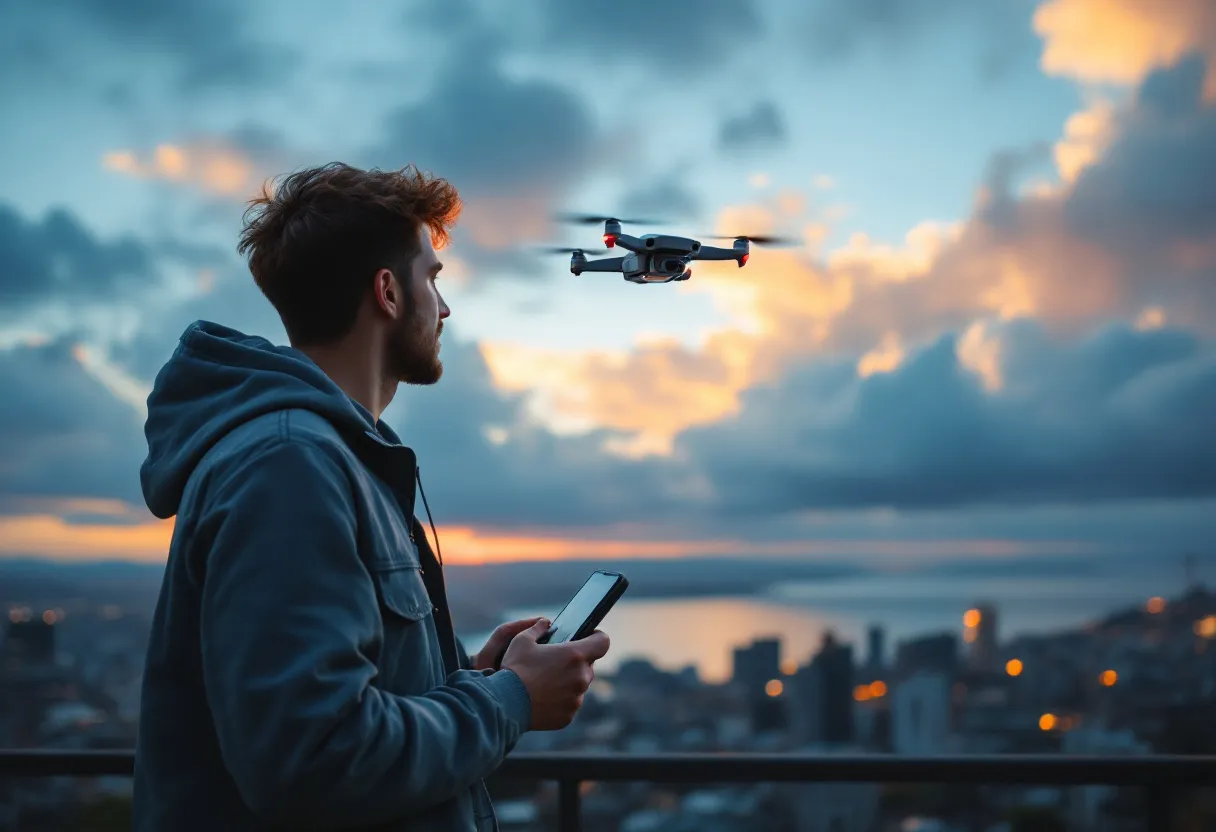 The reviewer unfolding the MD drone on a rooftop at dusk, neon city light behind